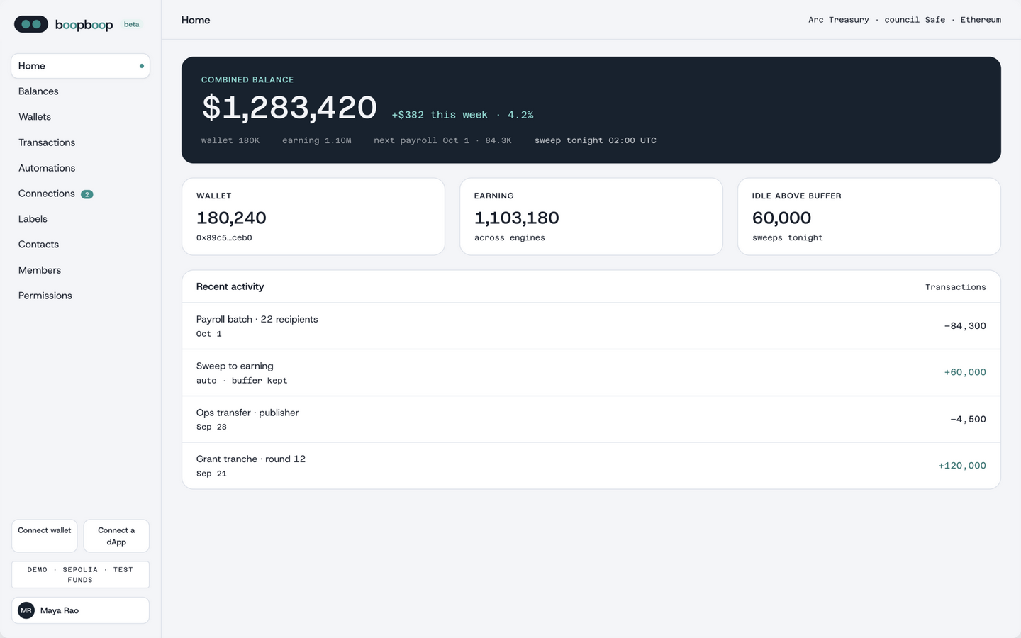 The BoopBoop workspace: combined balance band across wallet and earning positions, and the transaction ledger.